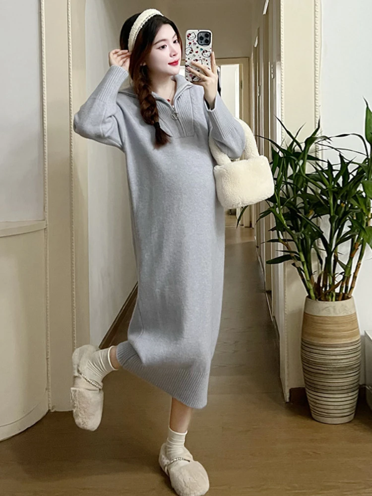 Korean Style Autumn Maternity Dress Knitting Long Sleeve Loose Pullovers Pregnant Woman clothing pregnancy dress Sweater