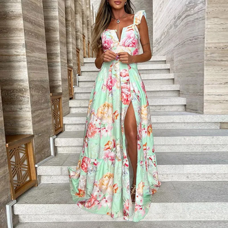 

2023 Women Floral Print Evening Dress Banquet Deep V-neck Flying Short Sleeve Long Dress Sexy High Split Draped Party Dress