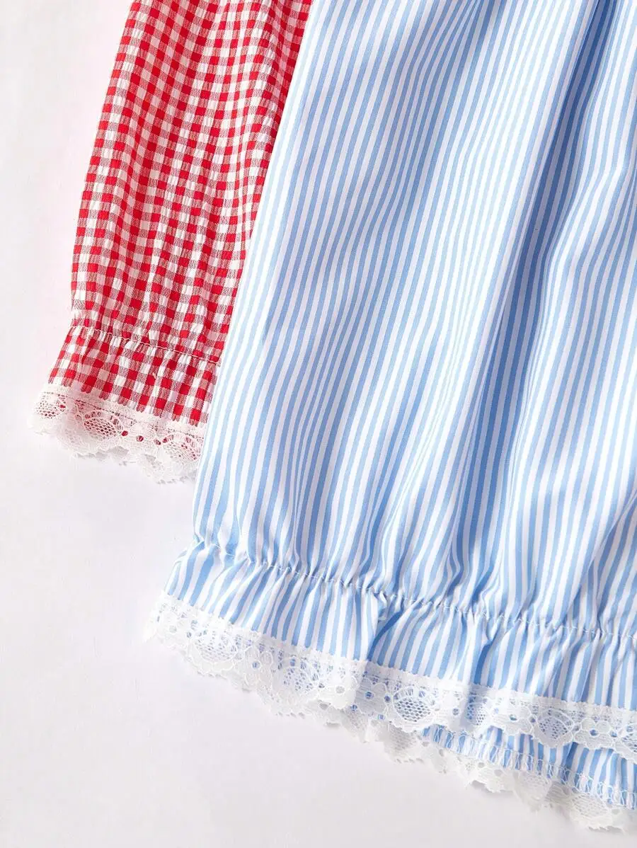 

2pcs Set Red Plaid And Blue Striped Lace Trim Sleep Tops For Women