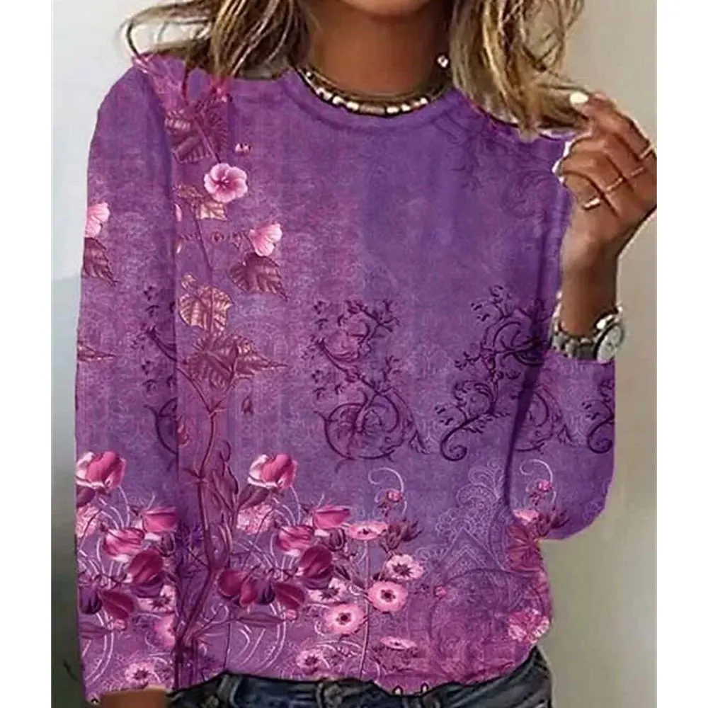 

Y2k Woman Clothes Casual T-Shirts For Leisure Flower Print Long Sleeved Holiday Base Round Neck Pullover Spring Autumn Top Tee