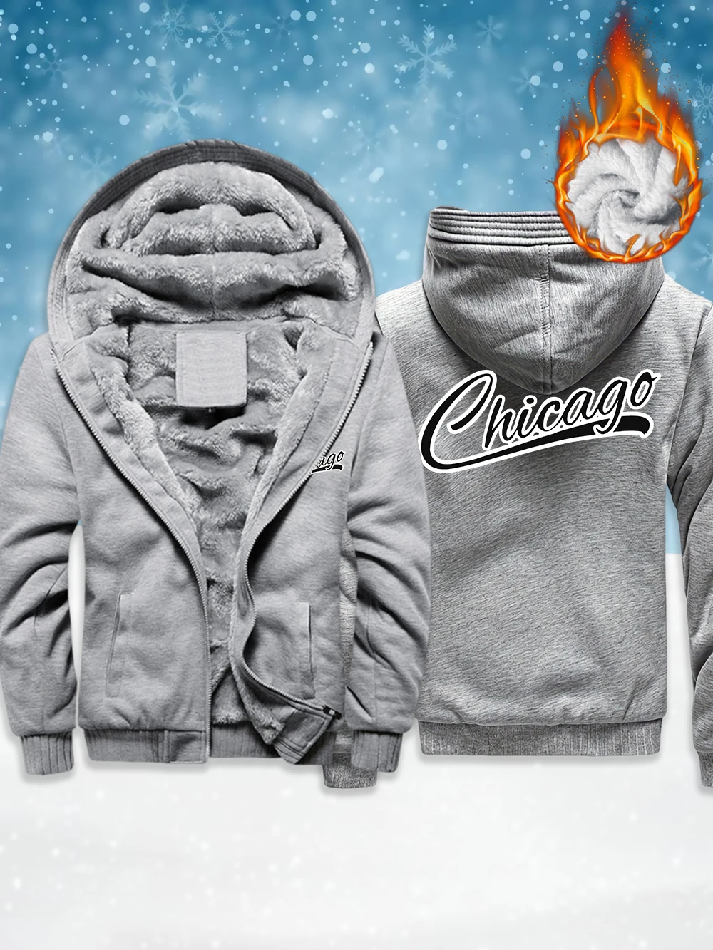 

Chicago Letter Prints Men'S Zipper Outerwear Winter Thermal Thicken Coats Fleece Warm Windproof Jackets Comfortable Men Tops