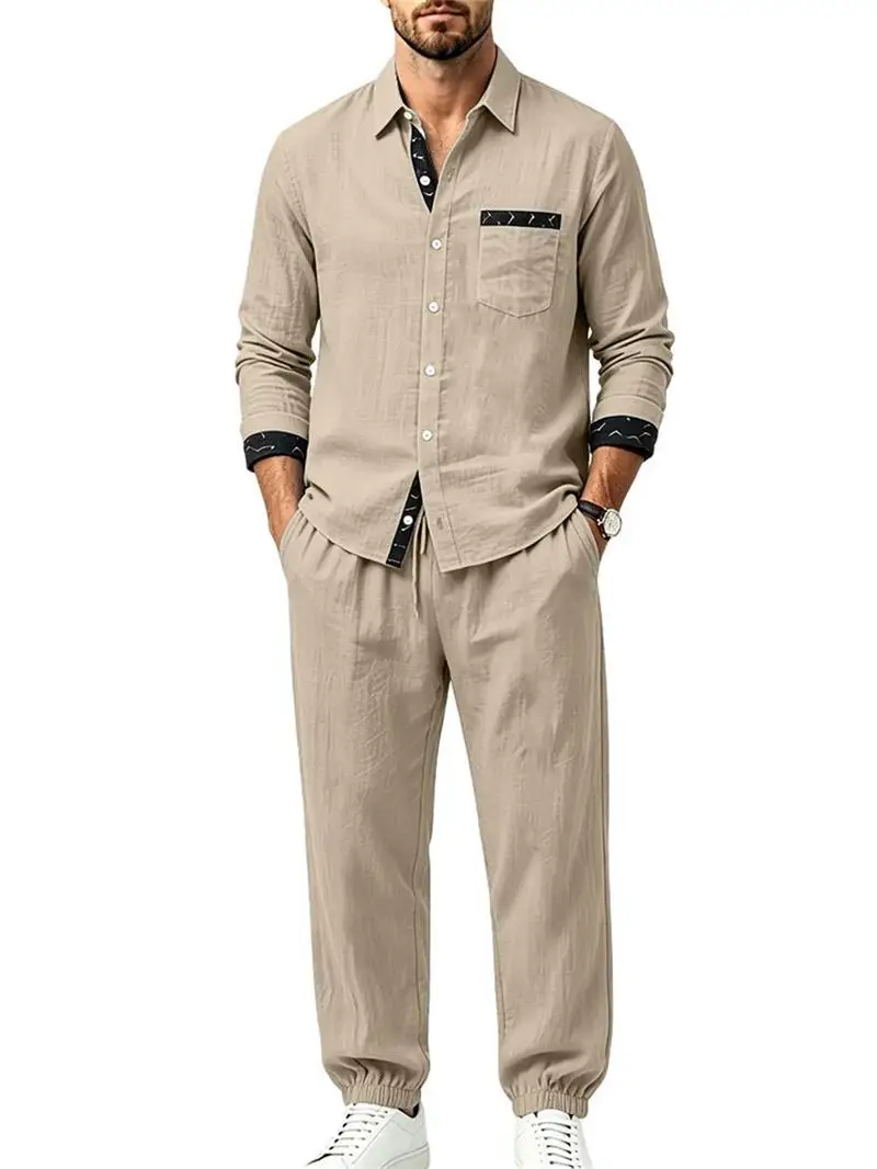 New linen print men's two-piece set, lapel pocket long sleeved shirt, elastic waist long pants, business vacation casual set view 3