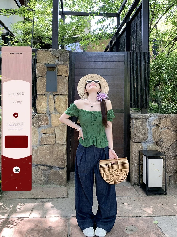 

Evnsle Summer Embroidered Bubble Sve Square Collar Doll irt Women's ort Sve Top French Sle Pure Cotton Slim Fit