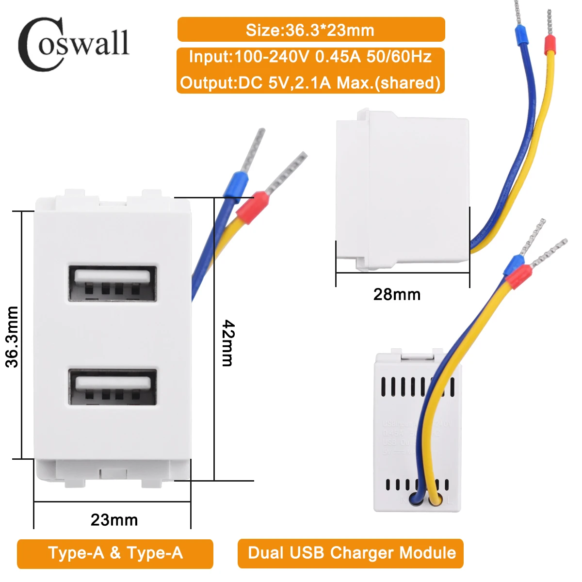 COSWALL 128 Type White / Black 36.3*23mm Wall Socket Type-C &A Dual USB Charger DC 5V,2A Max. Module DIY AC 100-240V