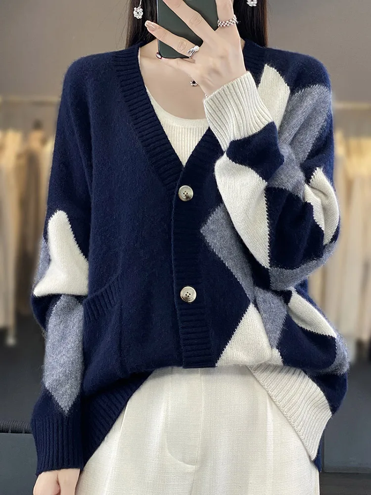 Large Size Thick Women\'s Cardigan 100% Merino Wool V-neck Pullover New In Coats Aesthetic Sweater Warm Fashion Knitwear Clothing