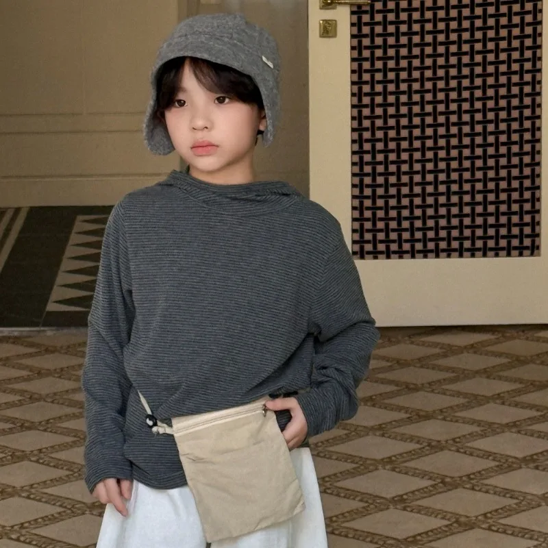 

Children's Clothing Boys' Hoodie 2025 Autumn New Item Fine Stripe Round Neck Top, Mid Size Children's Hooded Sweatshirt