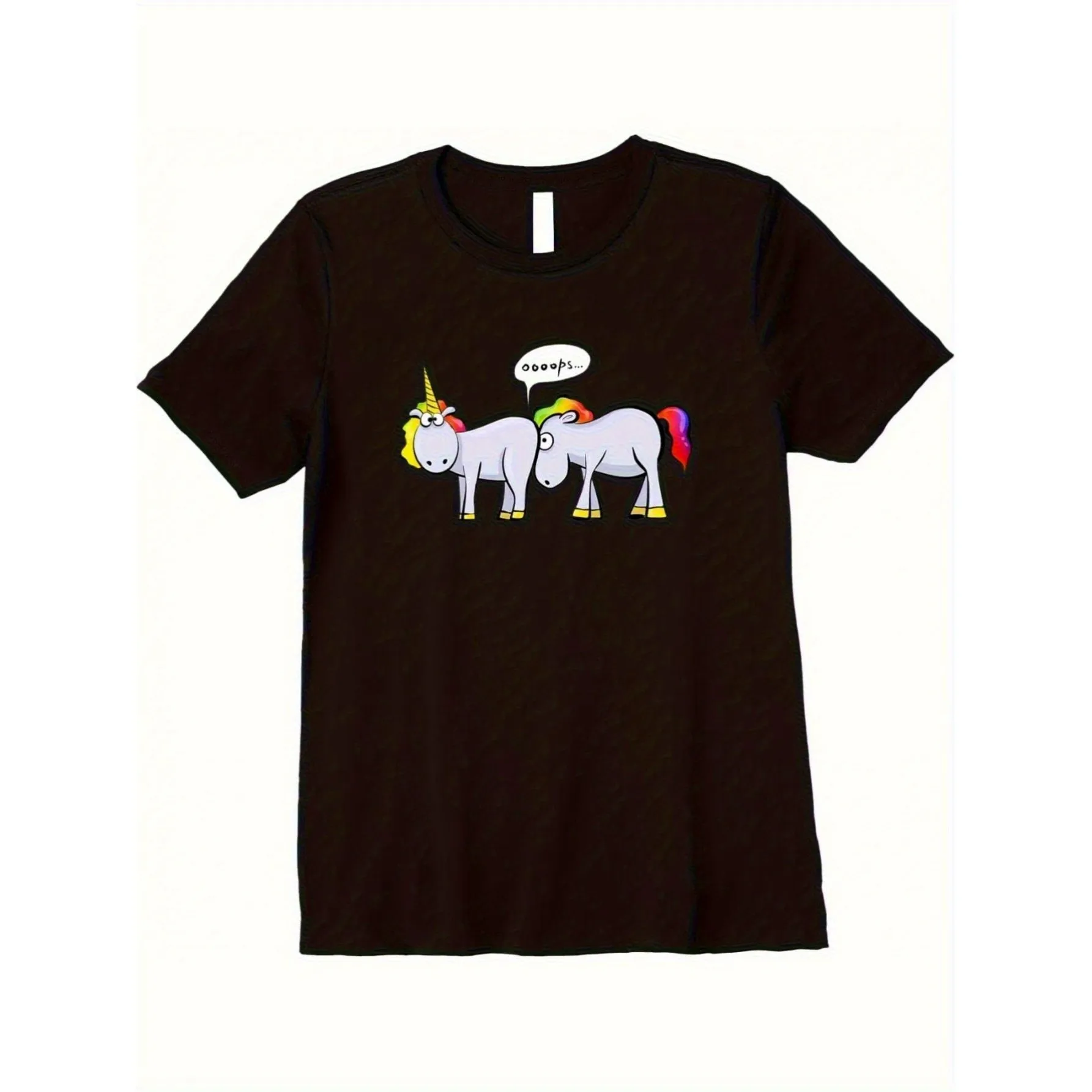 Funny Unicorn Pooping Rainbow Graphic Tee Casual Crew Neck T-Shirt Daily Wear Women Tes