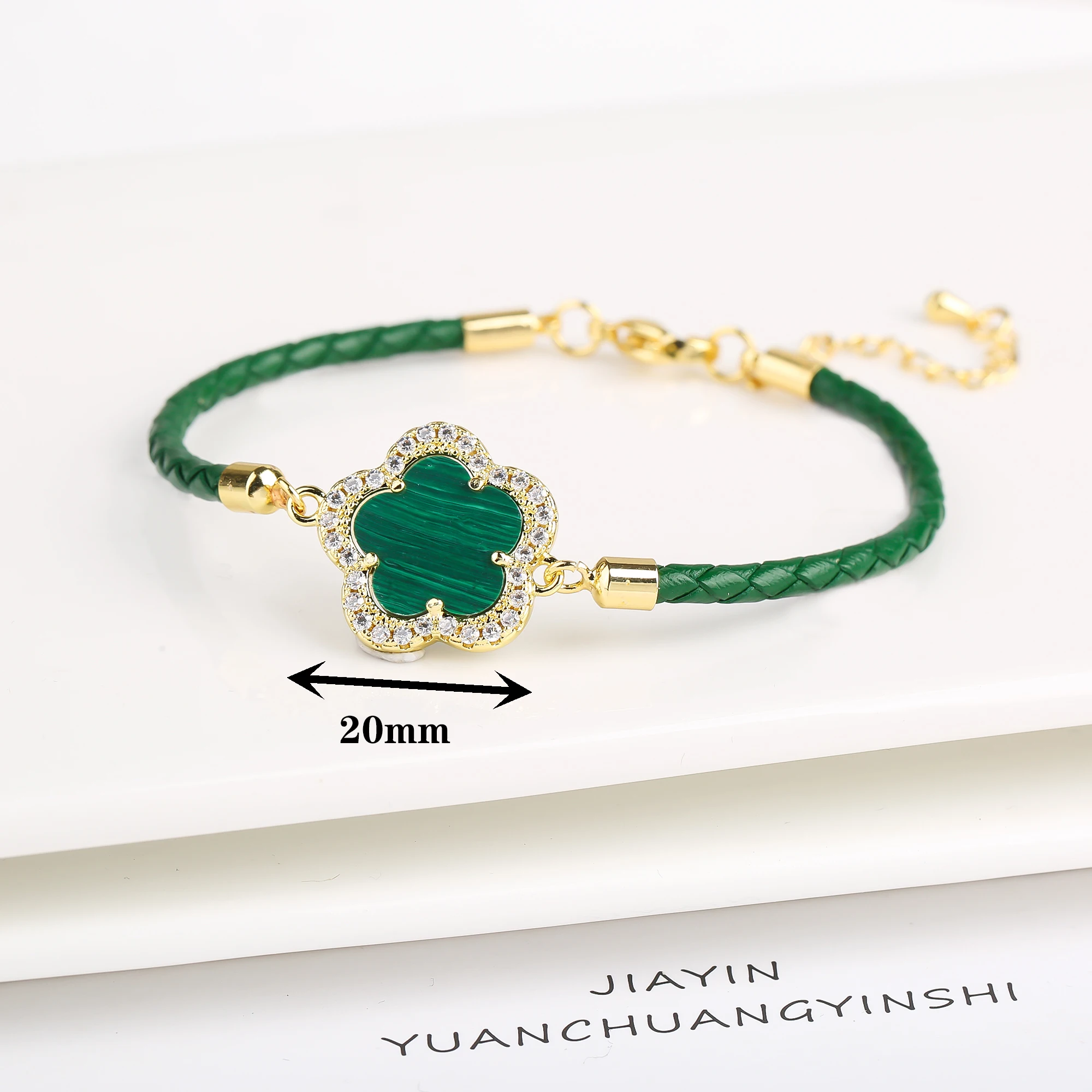 Classic Genuine Leather Woven Natural Stone Flower Charm Bracelet