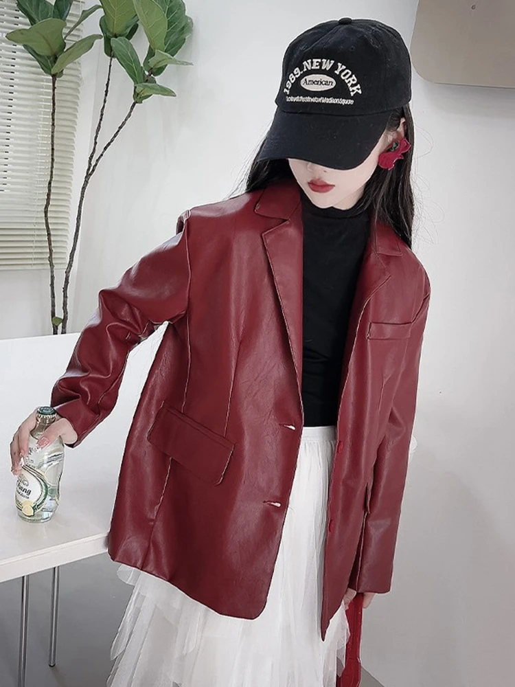 Girls Leather Blazer Spring Fall New Fashion PU Jacket Outerwear Loose Casual Teenage Kids Tops Clothes 13 14 15 Years Dark Red