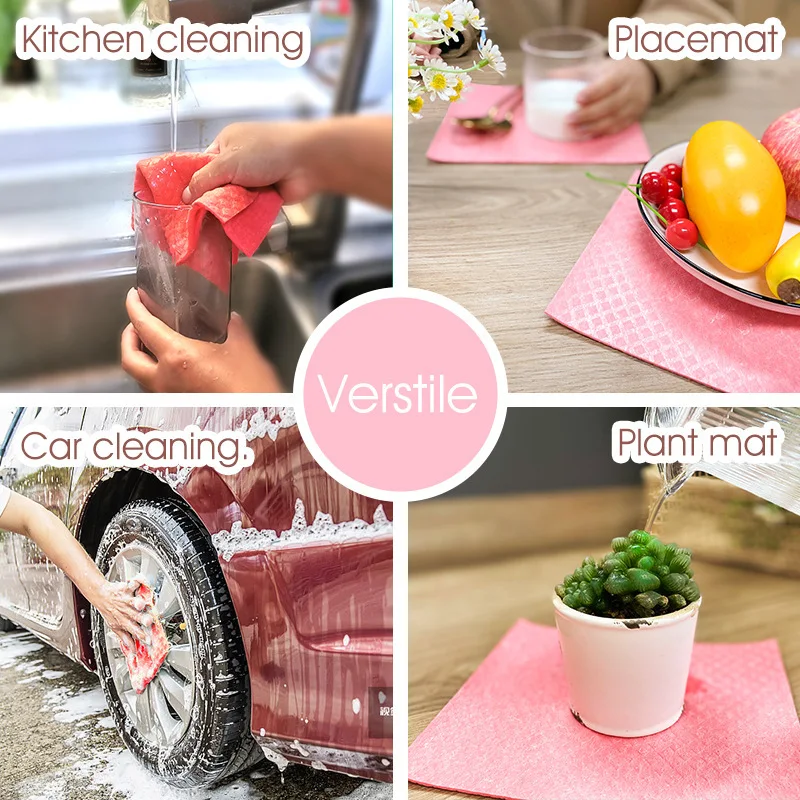 1 Sheet Pink Magic Cleaning Cloth Wood Pulp Sponge Kitchen Towel Reusable Cleaning Rag Absorbent Dishcloth Degradable Dish Cloth