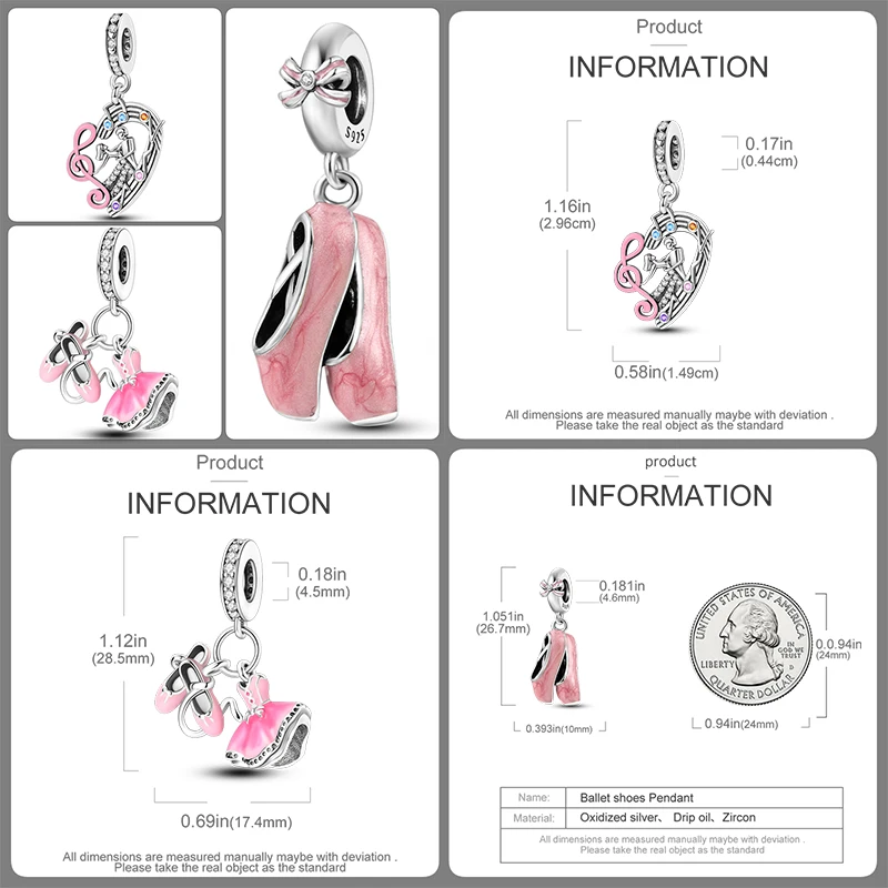3-teiliges Ballett-Charm-Set aus 925er Sterlingsilber, Ballerina-Tanzschuhe, rosa Perlen, DIY-Armband, Halskette, Geschenk für Frauen und Mädchen – Detail 9