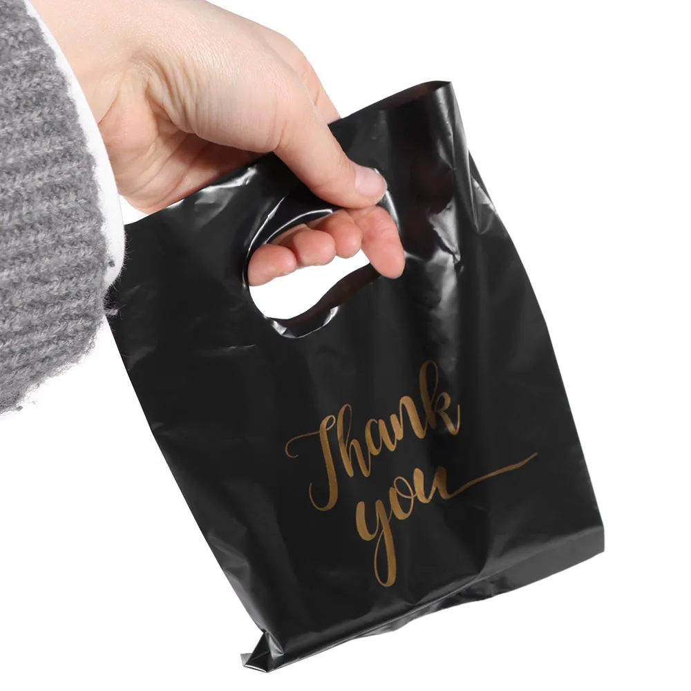 

100 Pcs Grocery Bags Plastic Thank You Packaging Bag Waterproof Reusable Shopping Bag Black with Handle Tote Bag Wedding