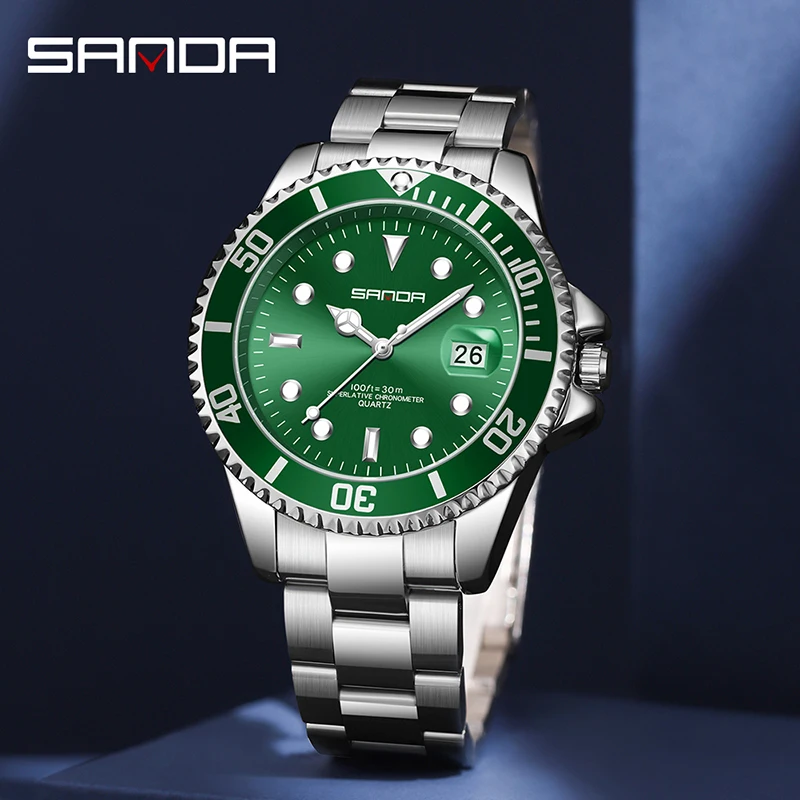 Fashion Sanda Top Brand Trend Men Full Stainless Steel Quartz Simple Calendar Display Luminous Waterproof Business Watch