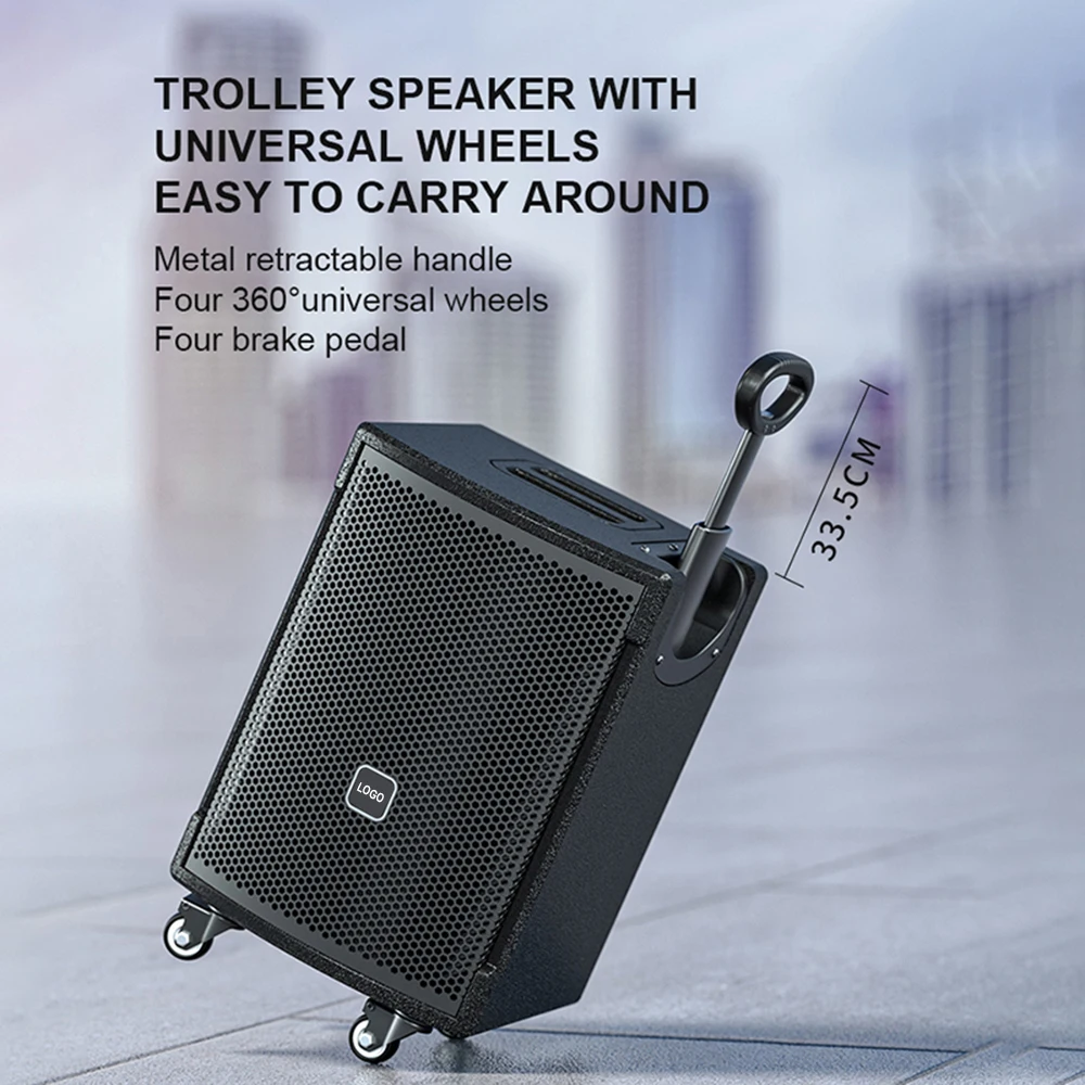 Wholesale Big Size Bluetooth Speaker 100W Trolley Wheels Sound Box with Dual UHF Wireless Handheld Mic Support Live Broadcast