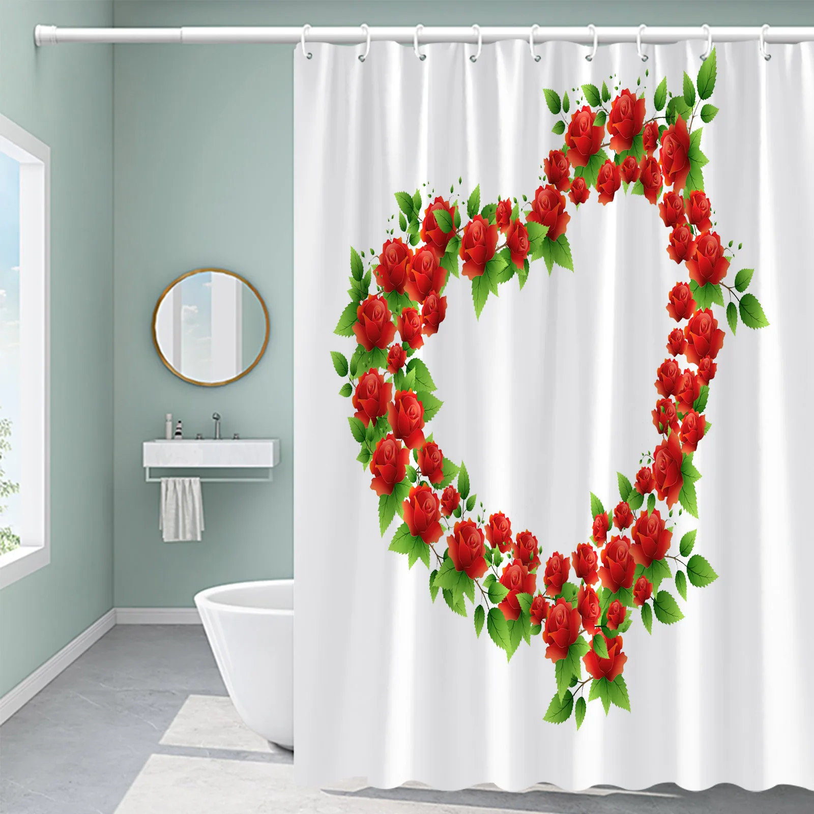 Decoración del Día de San Valentín, rosas rojas Cortina de ducha con globos, flor colgante, corazones completos de árbol, cortina de baño de tela estampada