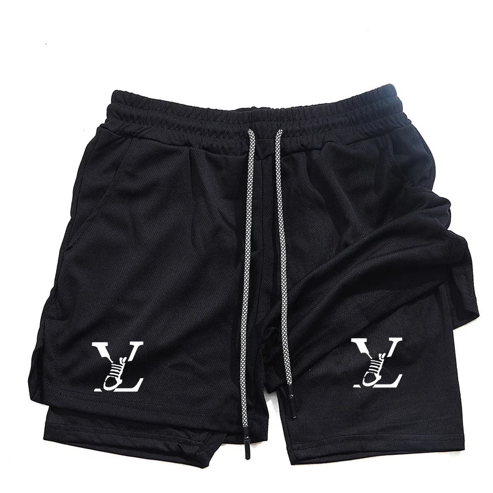 

Summer Brand Print 2 in 1 Running Workout Sport Mesh Short Men Gym Quick Dry Shorts with Phone Pocket Towel Loop Fitness Apparel