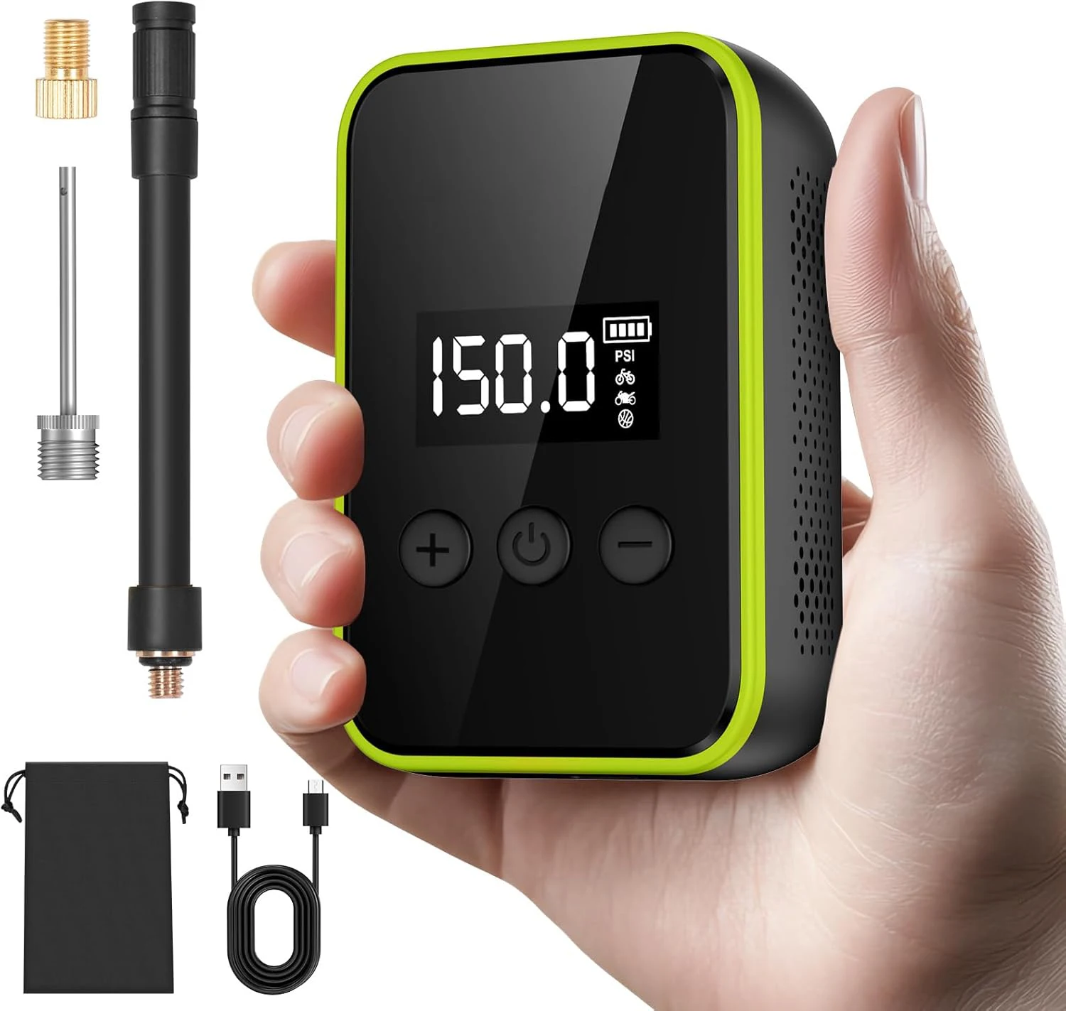 

Mini Electric Bike Pump - Fast Inflate Bike Tire Pump with Gauge, 150PSI Air Pump with Presta and Schrader Valve for Bike