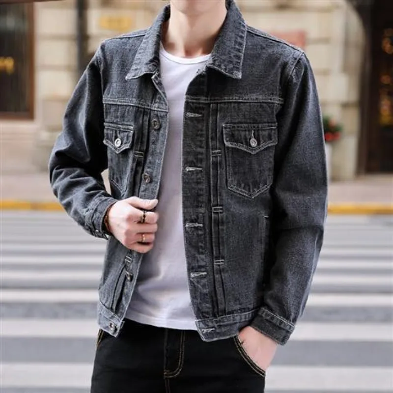 เสื้อโค้ทคาวบอยทรงสลิมฟิตสำหรับผู้ชาย สไตล์เกาหลีใหม่ ของแท้ ดีไซน์ Y2k คุณภาพสูง แฟชั่น ไซส์ L เสื้อแจ็คเก็ตยีนส์ผู้ชายสไตล์โจ๊กเกอร์