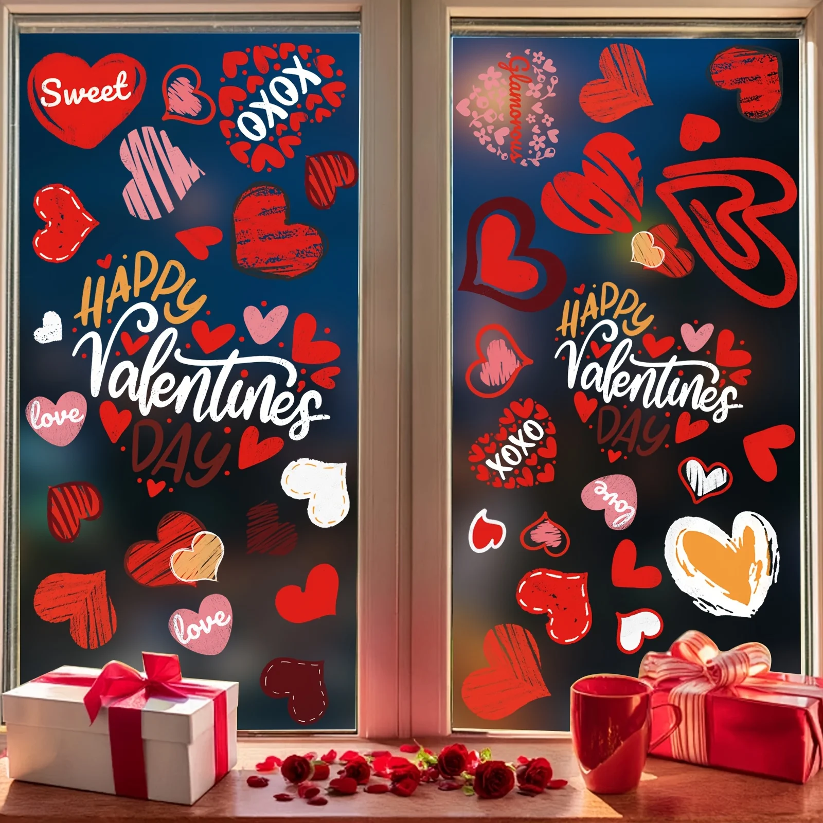 6 Blatt Fensterdekorationen zum Valentinstag, doppelseitige Fensteraufkleber, perfekt für Valentinstags- und Hochzeitsdekoration