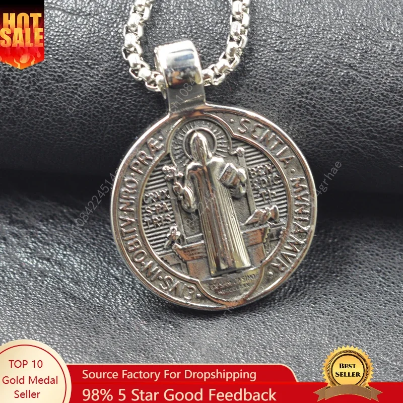 

Silver color Christian Holy Bible Jewelry Benedict Badge Saint Exorcism Pendants Necklaces Women 316L Stainless Steel