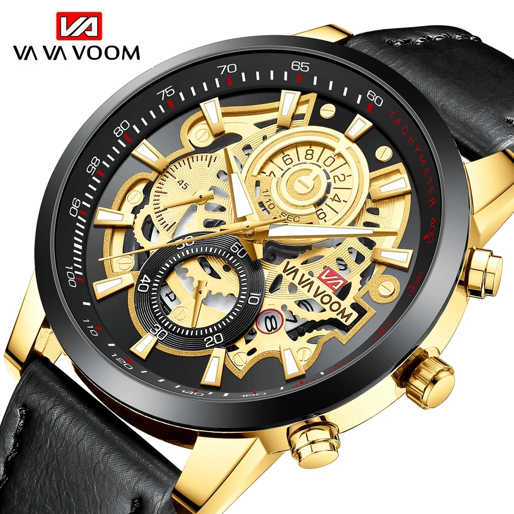 Fashion VA VA VOOM Top Brand Men Watch Sports Leather Student Business Calendar Waterproof Quartz Wristwatches Relogio Masculino