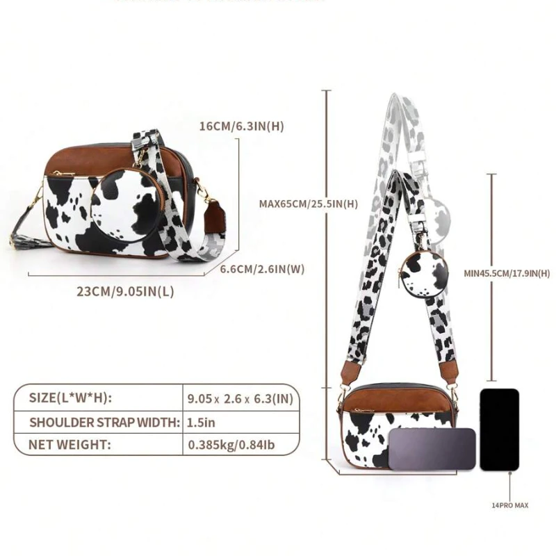 New Cow Pattern Colorblocking Retro Shoulder Bag Zipper Shoulder Strap Crossbody Purse Camera Bag For All Seasons