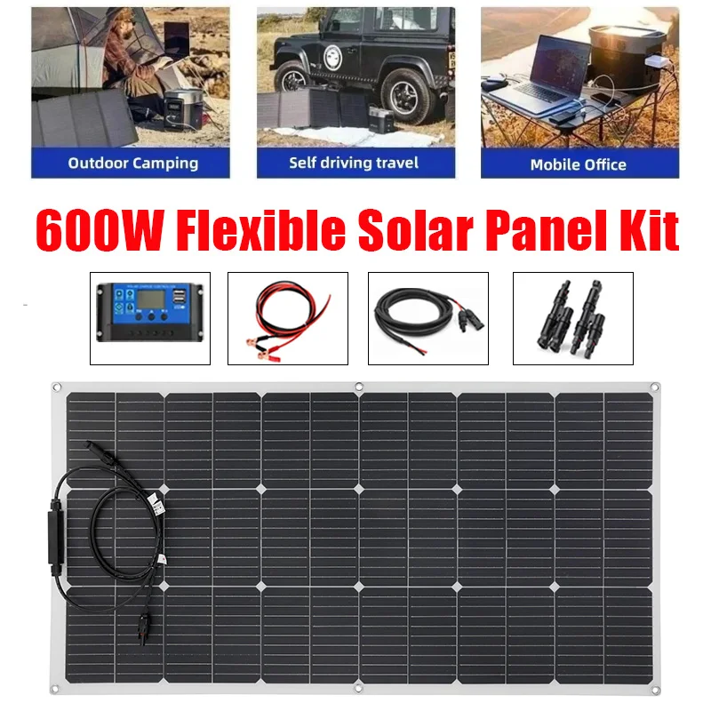 

Solar Panel Kit 600W 300W 18V Flexible Monocrystalline Solar Cell Power Charger for Outdoor Camping Yacht Motorhome Car RV Boat