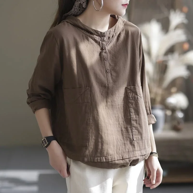 Women\'s Cotton Linen Hooded Shirt Vintage Spring Loose Thin Pullover Long Sleeve Top Simple Plus Size Solid Blouses Ladies Tops