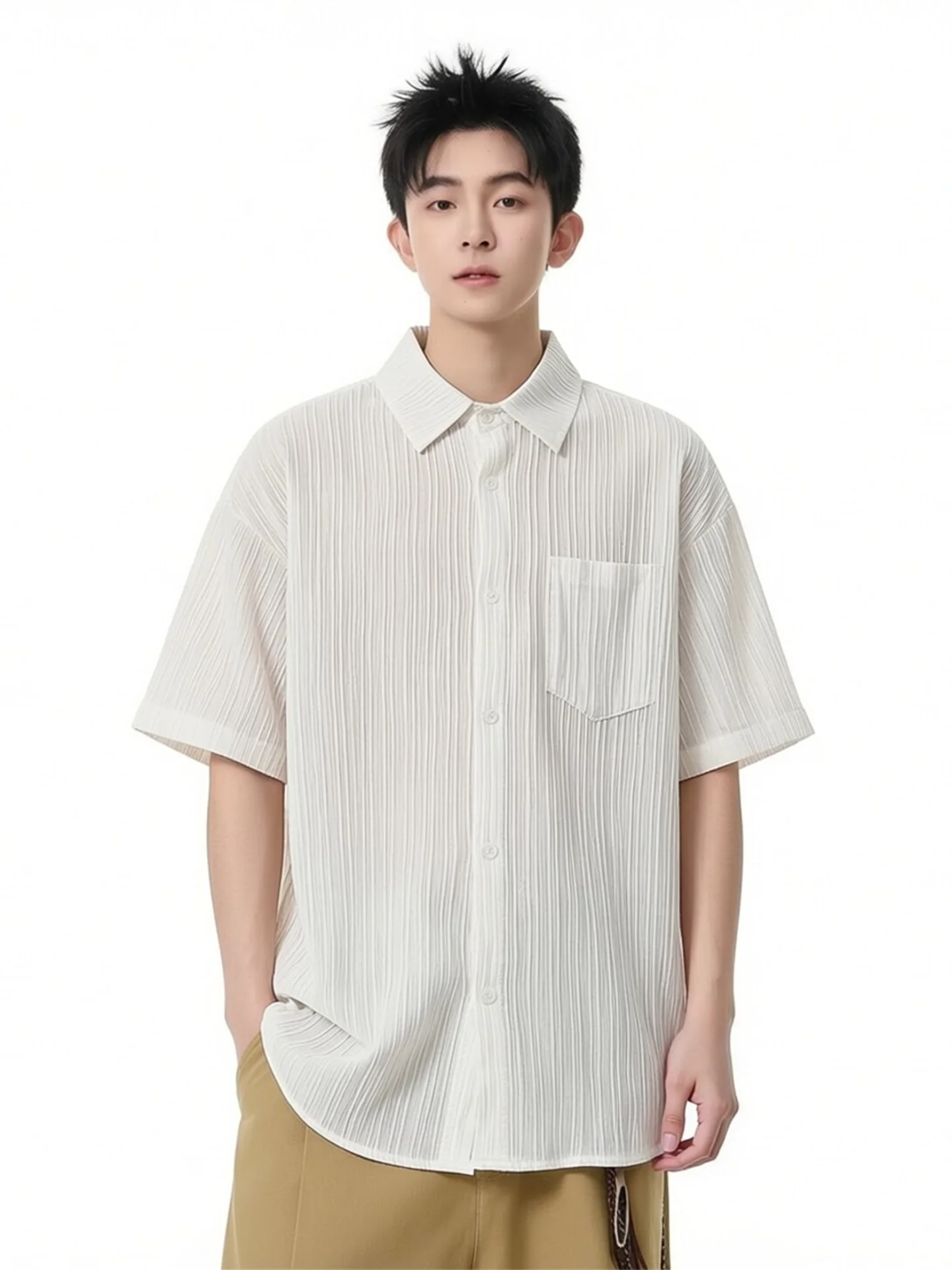 

Men's Summer Casual Loose Texture Stripe Short Sleeve Shirt Lightweight Drapey Top Boys' Fashion Basic Style Youth Trend