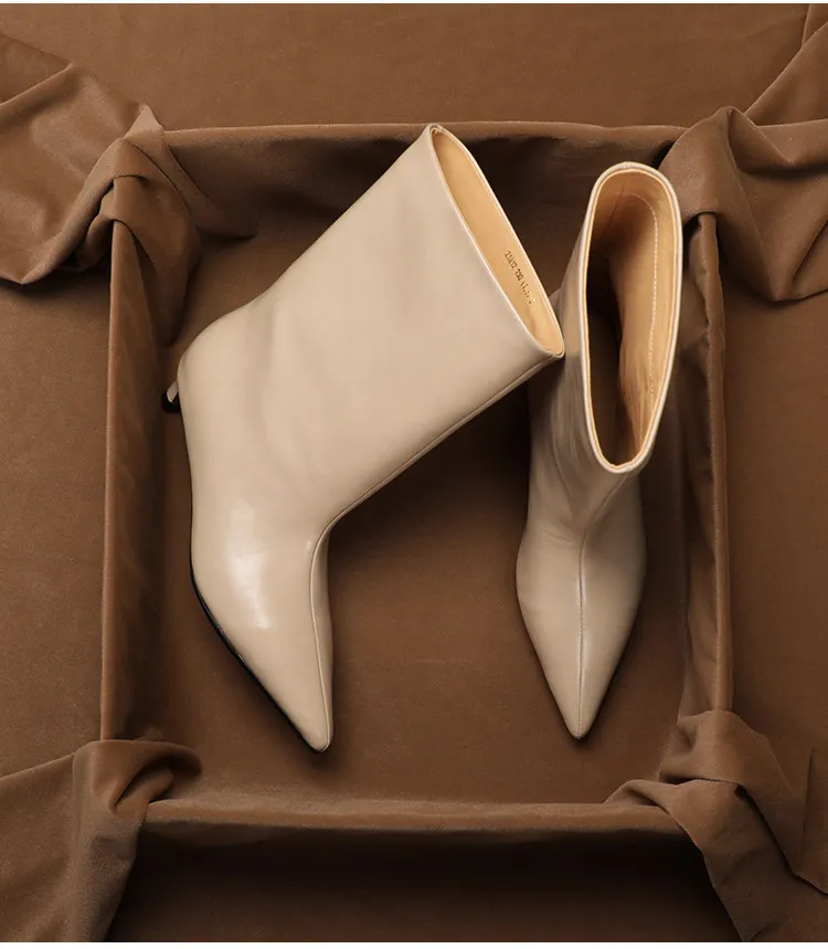 

SHOEBOX pointed-toe kitten-heel fashionable mid-calf short boots for women, made of genuine leather with medium-fine heels