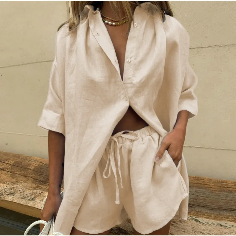 Damen 2-teiliges Baumwoll-Leinen-Outfit, lockeres Kurzarmhemd mit Knöpfen, Shorts mit elastischem Bund und Kordelzug, Sommer-Strandkleidung