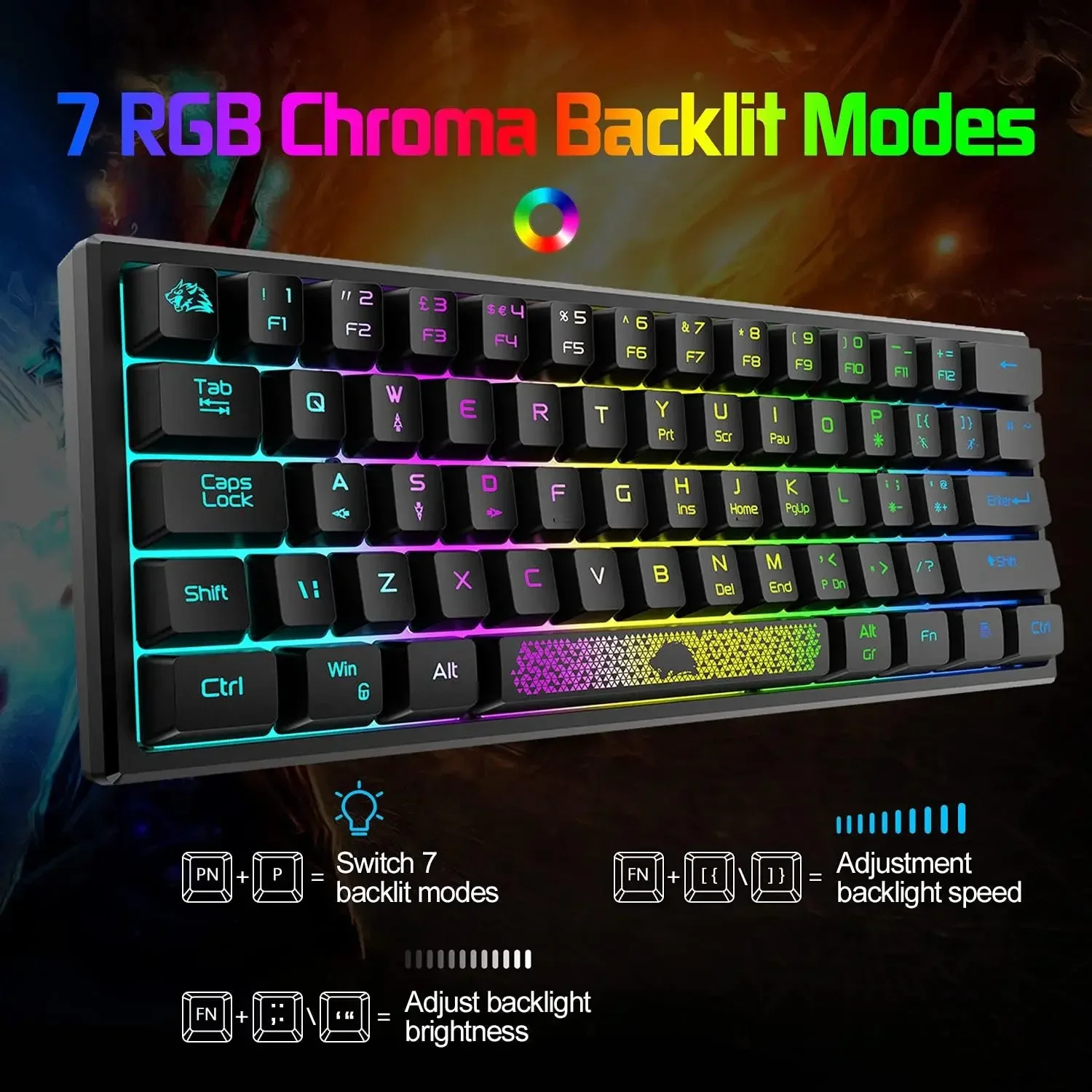 FREEWOLF T60 UK Layout RGB 60% Gaming Keyboard Mouse Set Wired 62 Keys Mini Portable Keyboard 7 RGB LED Backlit