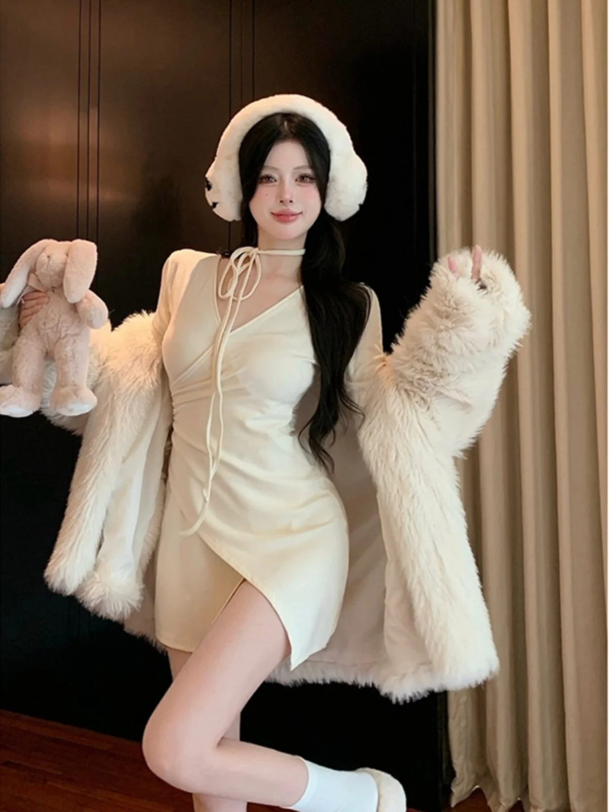 

Elegant V-neck Wrap Skirt Sexy Split Long Sleeve Mid-length Korean Style Commute Pure Desire Hot Girl Base Layer Spring Autumn