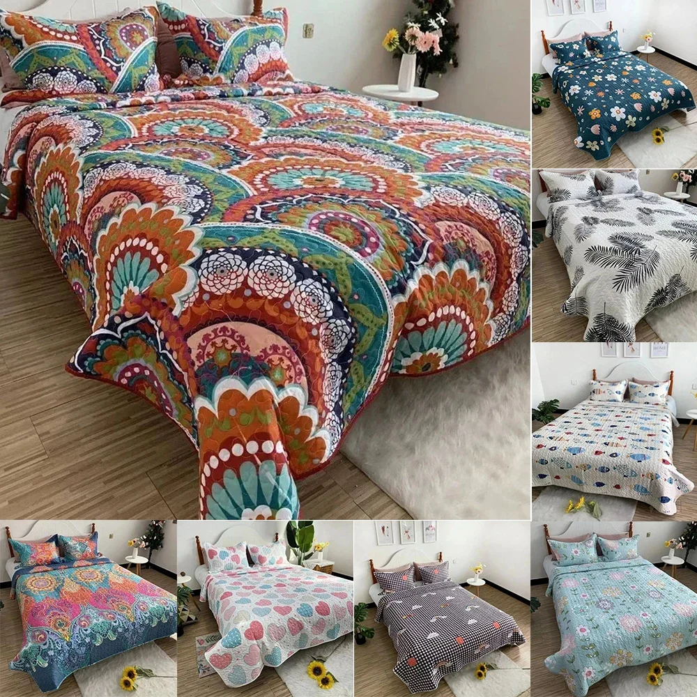 1Pc Boho Colorful Full Queen Quilt Cover for Summer Bohemian Floral Striped Lightweight Bedspread Brushed Microfiber All Season