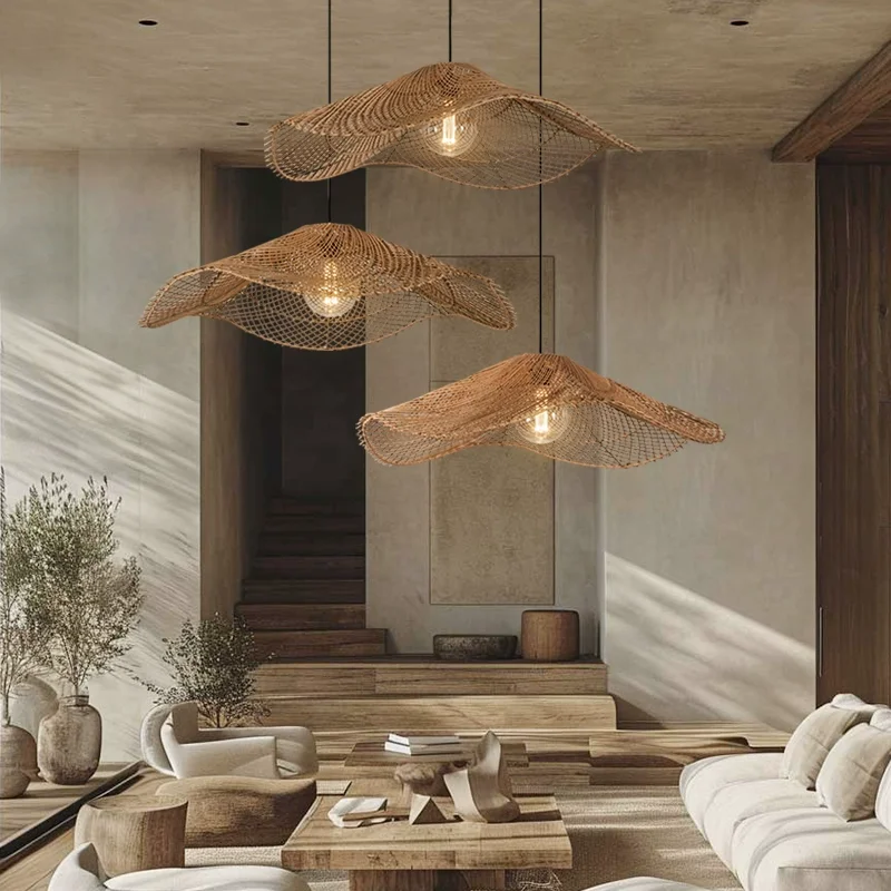 

Retro Rattan Lamp Restaurant Pendant Lights Cafe Shop Dining Room Kitchen Loft Suspension Luminaire Rattan Straw Hat Chandeliers