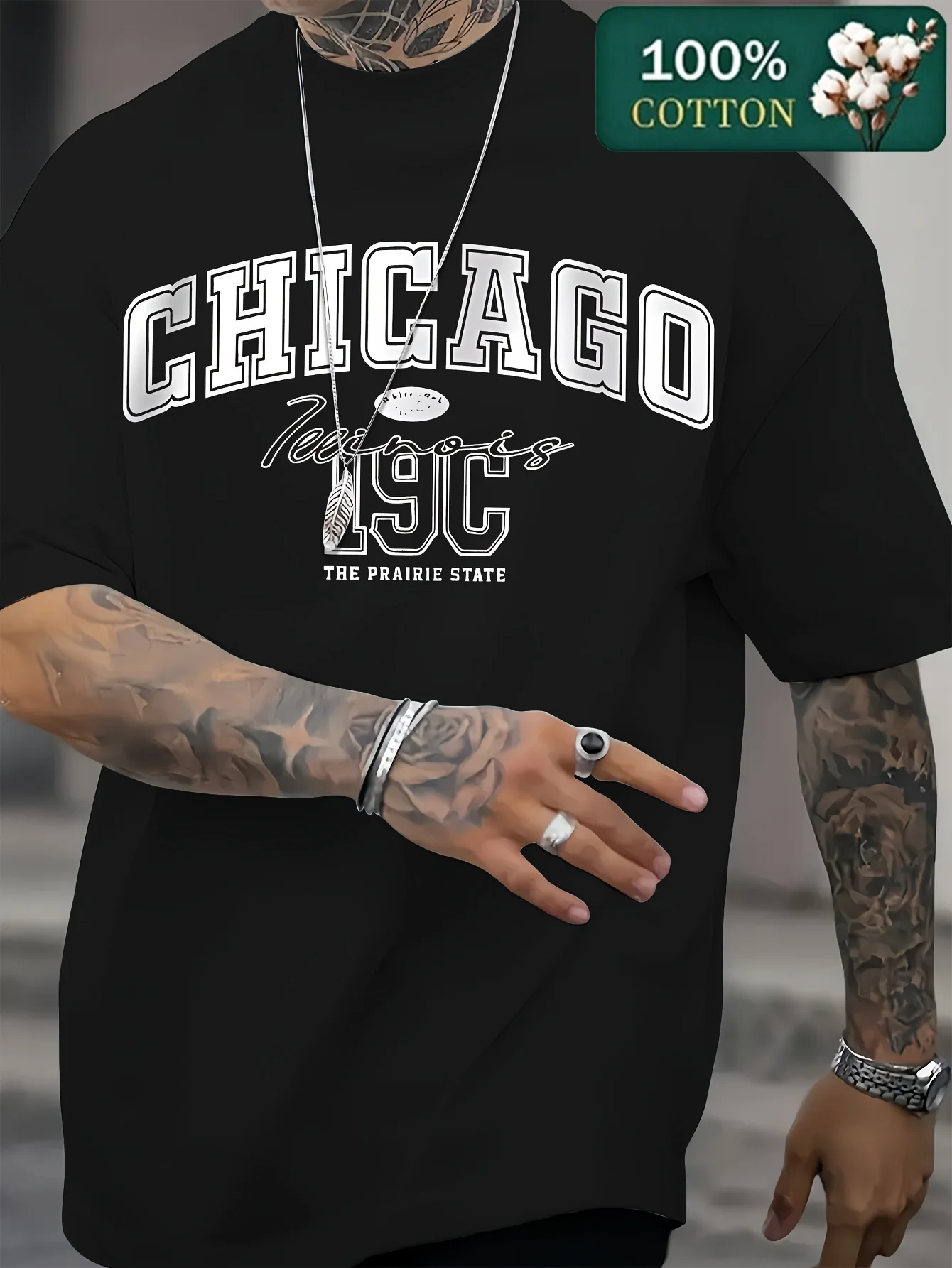 Men's Summer 100% Cotton Fashion Chicago Pattern Printed Loose Casual Sports Round Neck Short Sleeve T-shirt Versatile Top