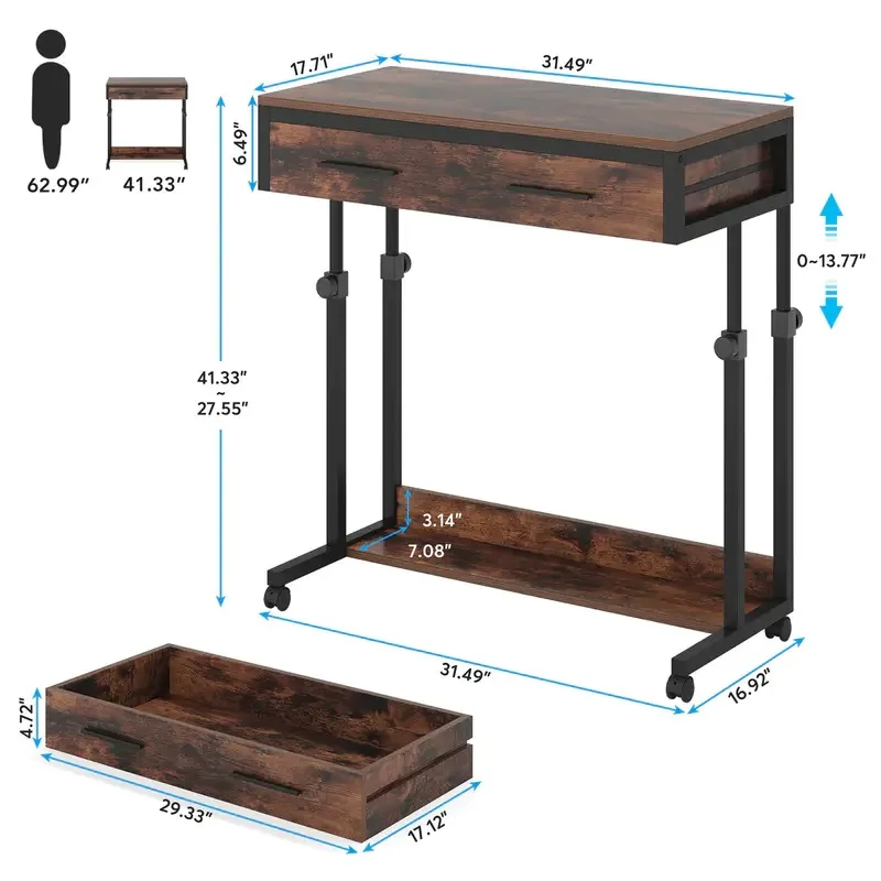 Height Adjustable Desk, Mobile Side Table Portable Desk with Drawers
