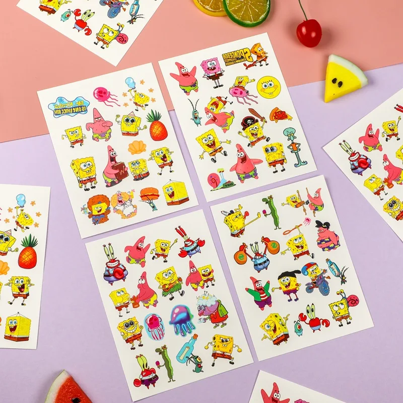 new SpongeBob SquarePants Tattoo Stickers cute Cartoon Facial and Arm Tattoo Stickers woman man kawaii Fun Sticker birthday Gift