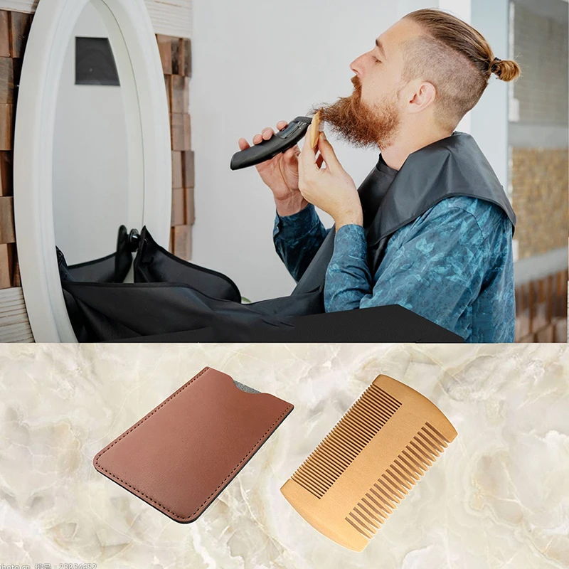 Natural Wood Hair Brush Beard Comb with PU Leather Case Anti-Static Mustache Pocket Comb Brushing Hair Care Tools for Men Gift