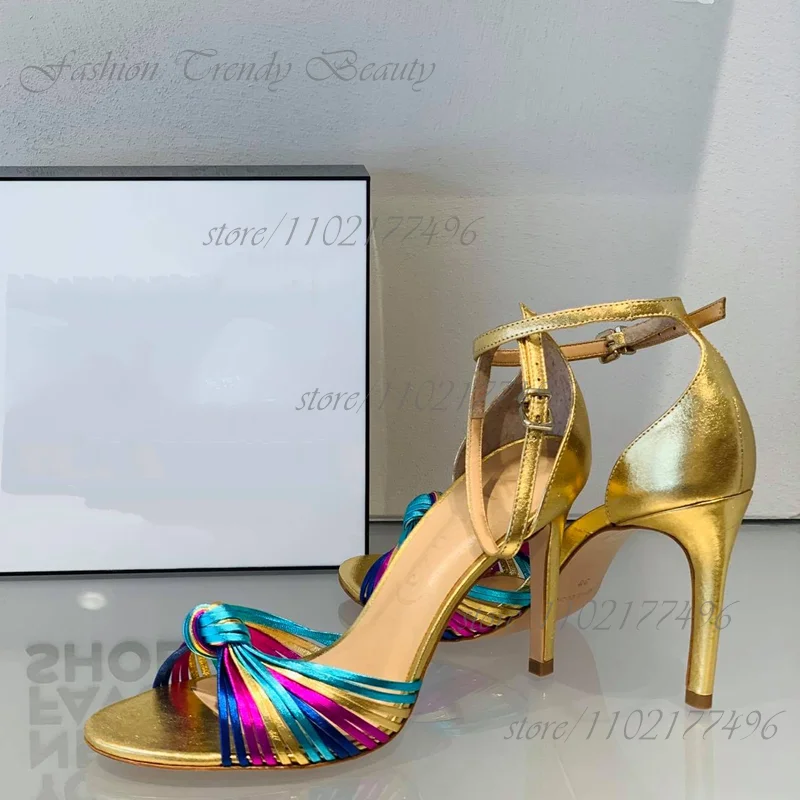 

Rainbow Stripe Knot Gold Sandals Women Sexy Open Heel Round Buckle Hollow Silver Green Bright Buckle Dress Evening Luxury Shoes