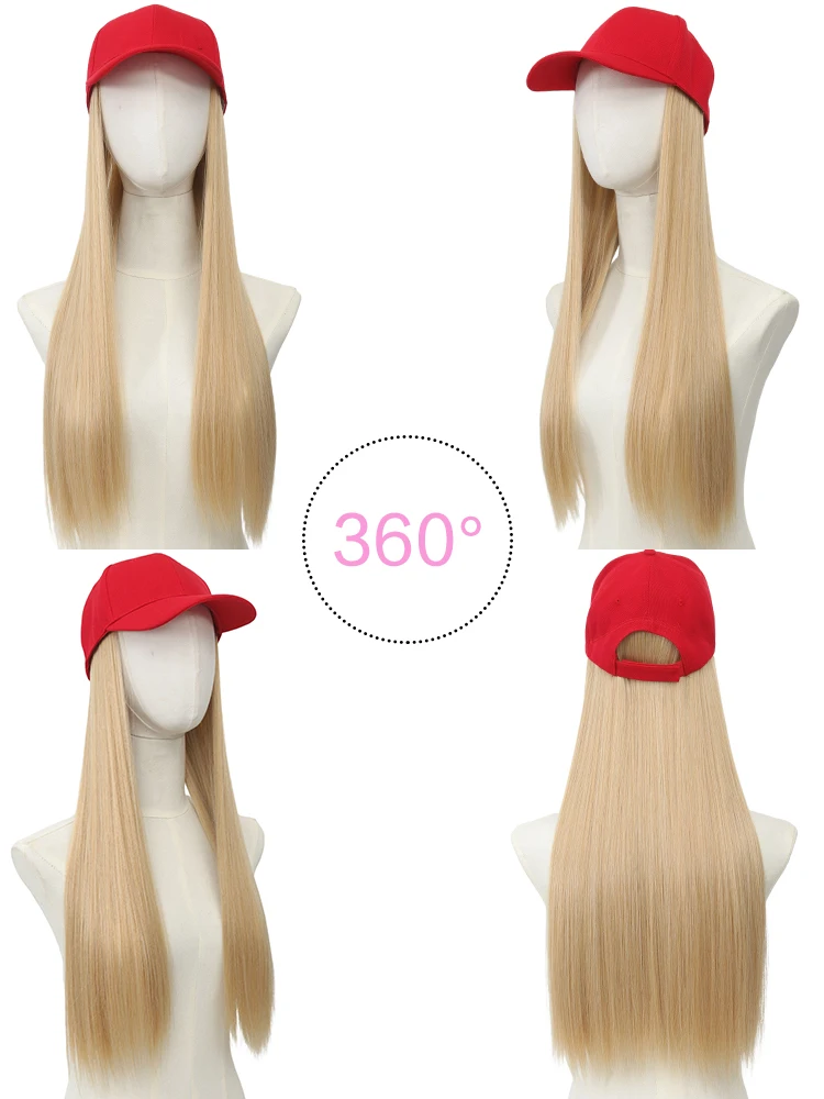 Hat Wigs-Synthetic 22 Inch Red Baseball Cap Straight Hair Wig Ducktail Long Straight Hair Wig Hat Extensions Wigs Christmas Hat