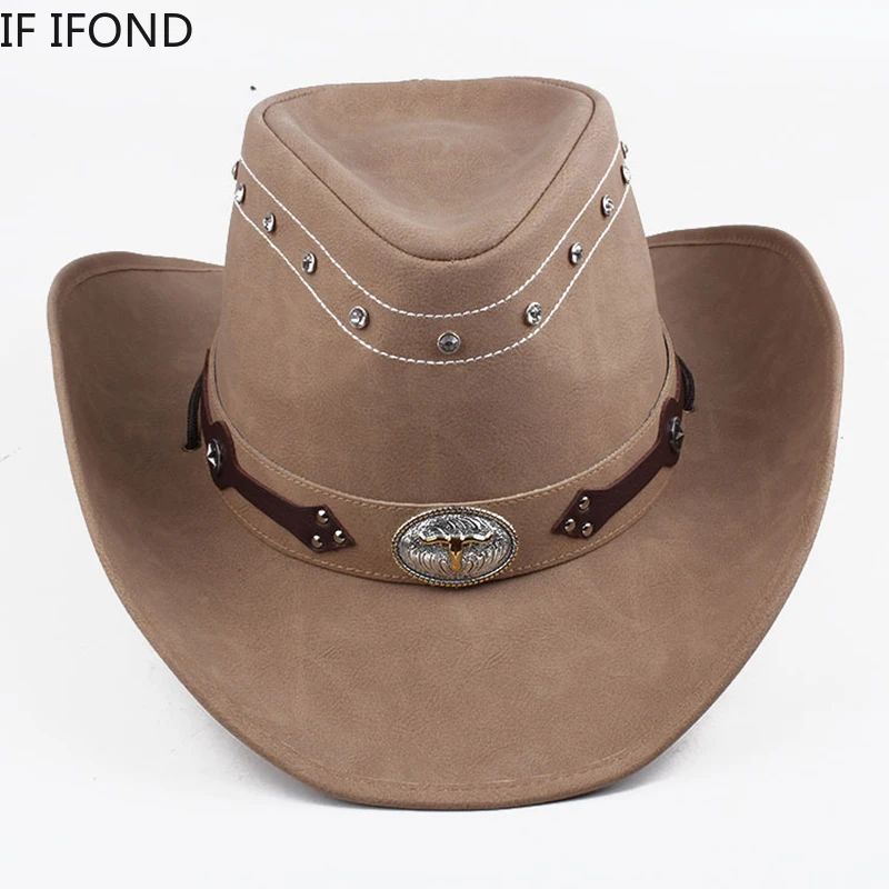 Classic 100% Leather Western Cowboy Hat For Men Gentleman Dad Godfather Caps Panama Cowgirl Jazz Hats Sombrero Hombre