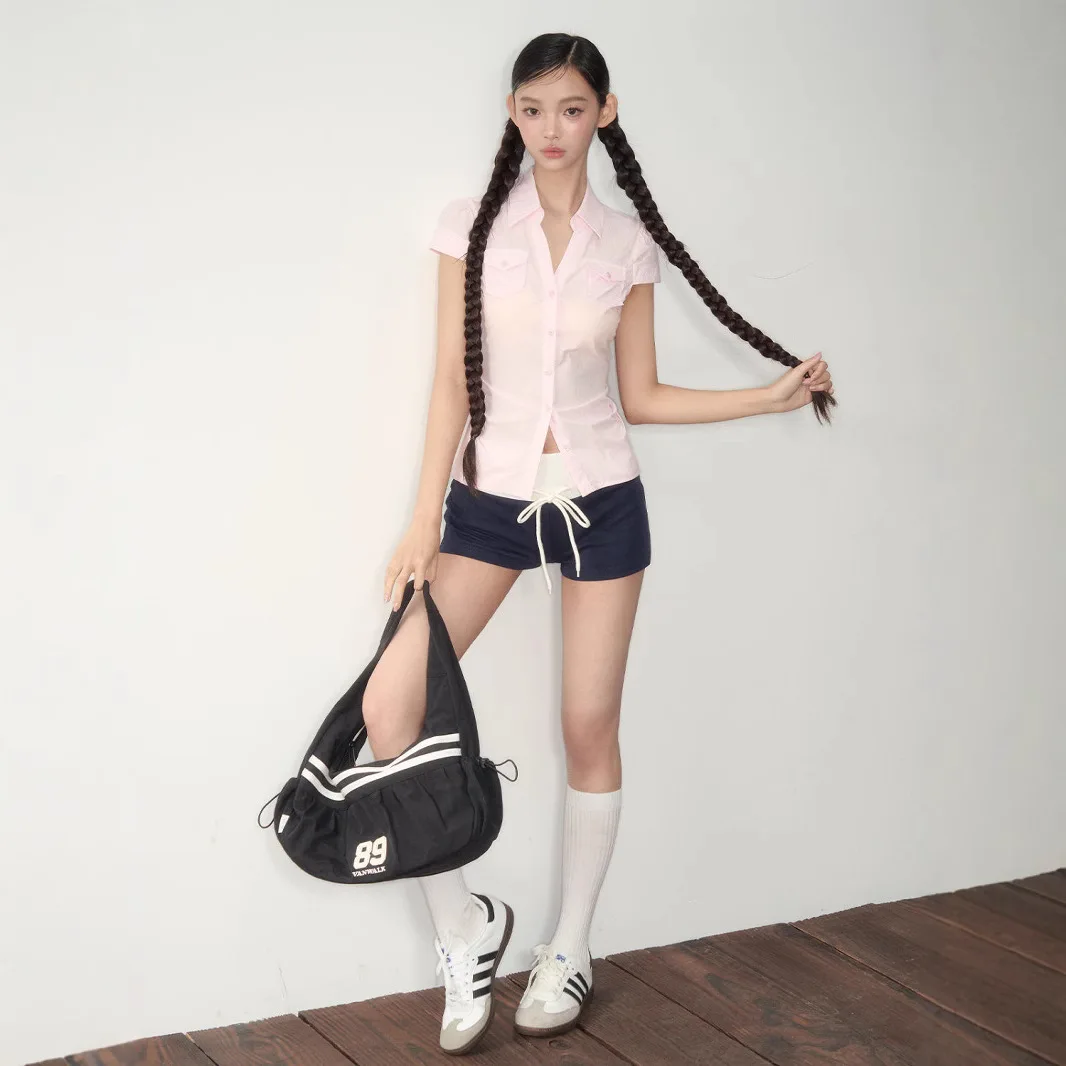 

Summer Hot Girl Pure Erotic Style Top with A-Line Neckline, Short Sleeves, Waist-Encircling Pockets, Elegant Blouse for Women