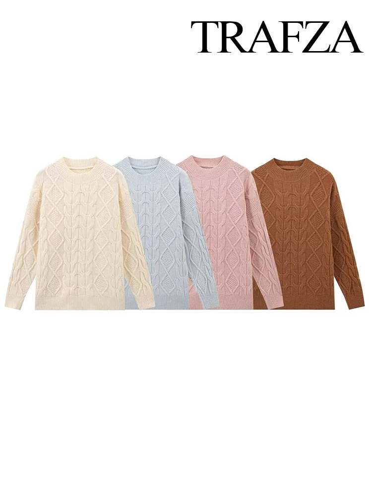 TRAFZA Women's Winter Fashion Round Neck Wheat Pullover Sweater Female Elegant Simple High Street Long Sleeve 4-Color Sweater