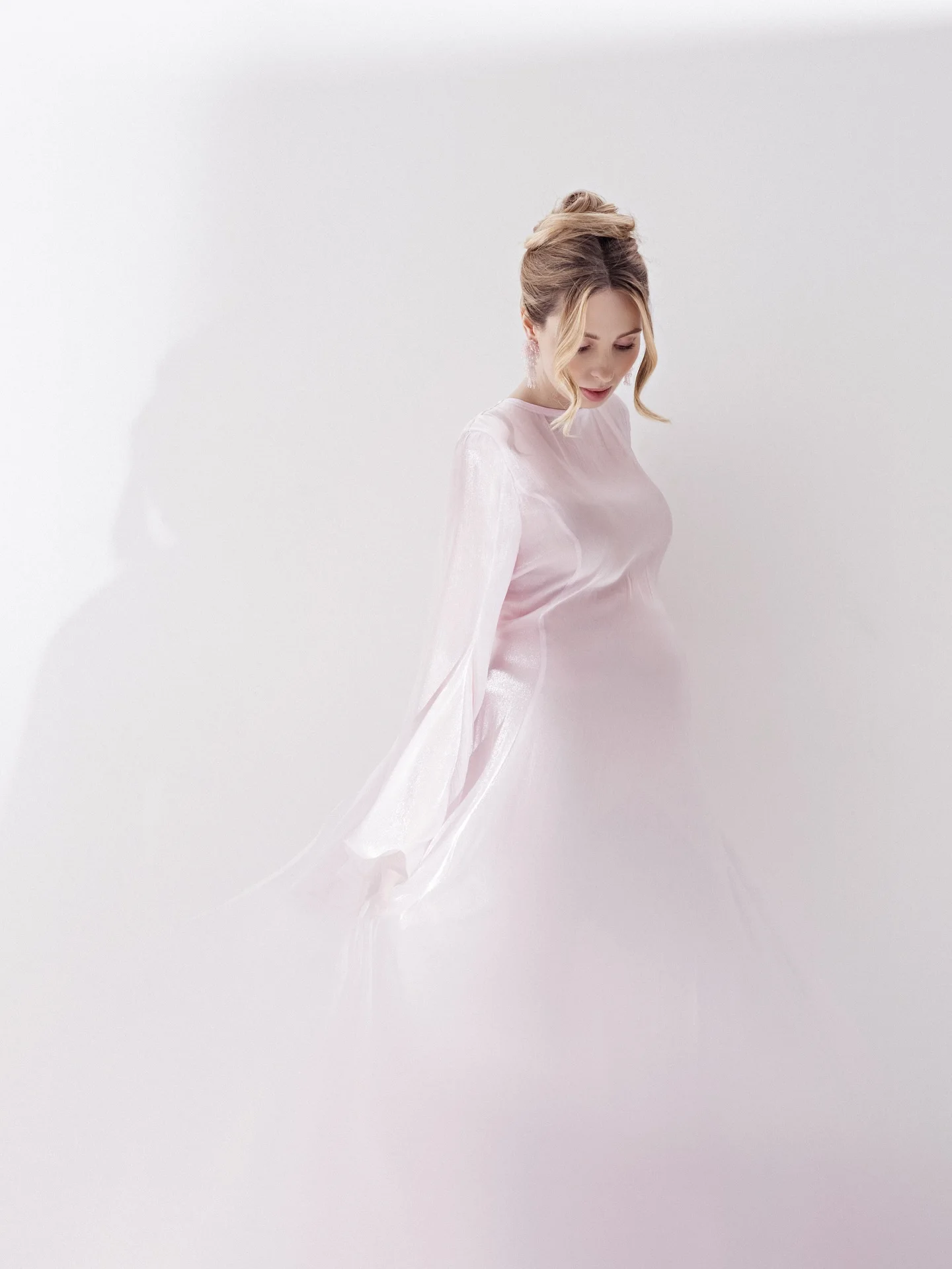 Pastel Pink Boho Maternity Maxi Dress with Flowy Bell Sleeves, Chiffon Sheer Summer Dress, Summer Style, Elegant Photo‑Shoot