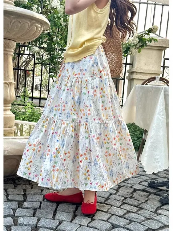

plus Size Floral Print A-Line Midi Skirt Loose Fit Knee-Length Casual Korean Sle High Waist Summer Women's f-length Skirt