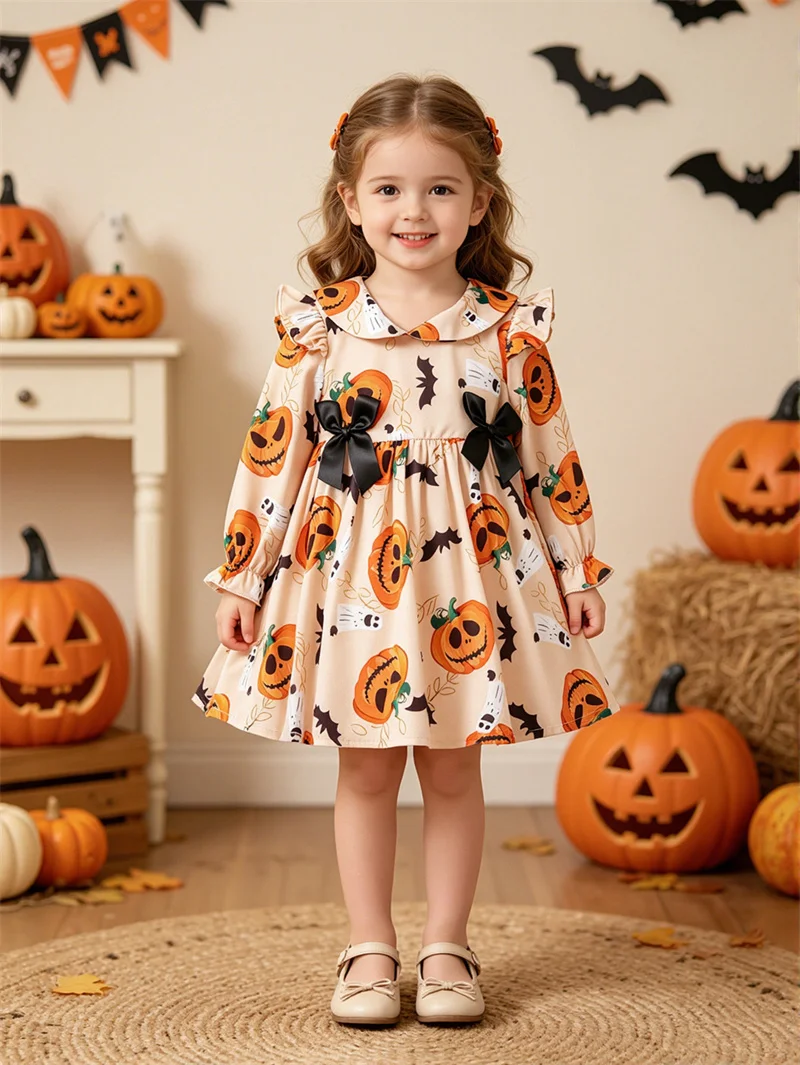 Fashion New Kids Halloween Dresses Girls Cartoon Print Long Sleeve Skirt Children Trend Festival Performance Clothes  345