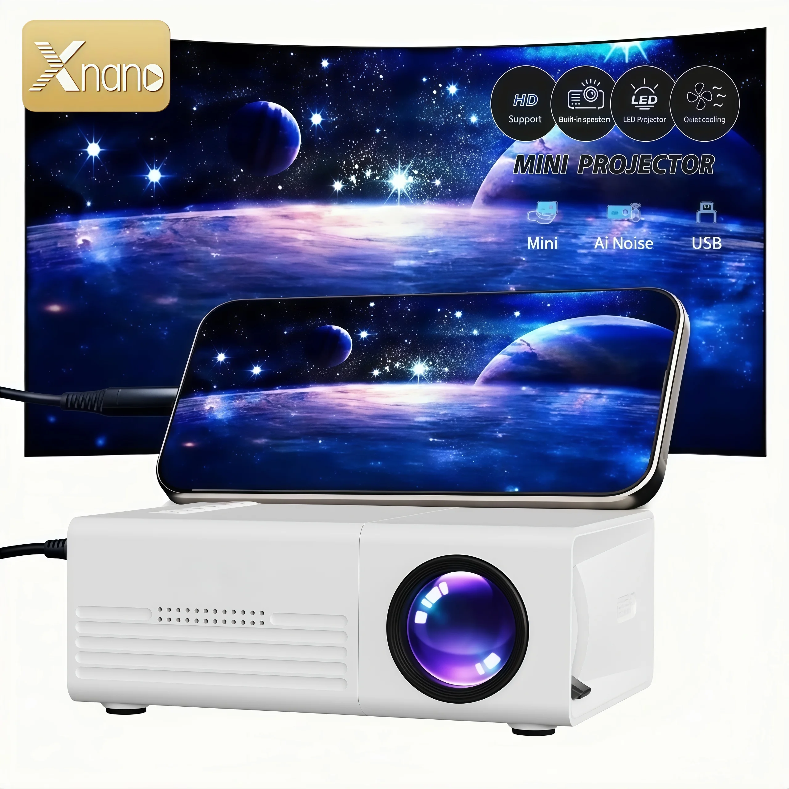 Image of Xnano Q1 Mini-Projektor mit nativer 1080p-Auflösung, tragbarer LED-Videoprojektor, unterstützt kabelgebundene Verbindungen zu Smartphones und Laptops über USB, HDMI, AV und 3,5-mm-Ausgang, ideal für