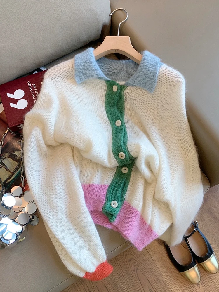 

Harajuku Rainbow Striped Knitted Cardigan Women's Vintage Korean Fashion Long Sleeve Polo Collar Single Breasted Y2K Sweaters