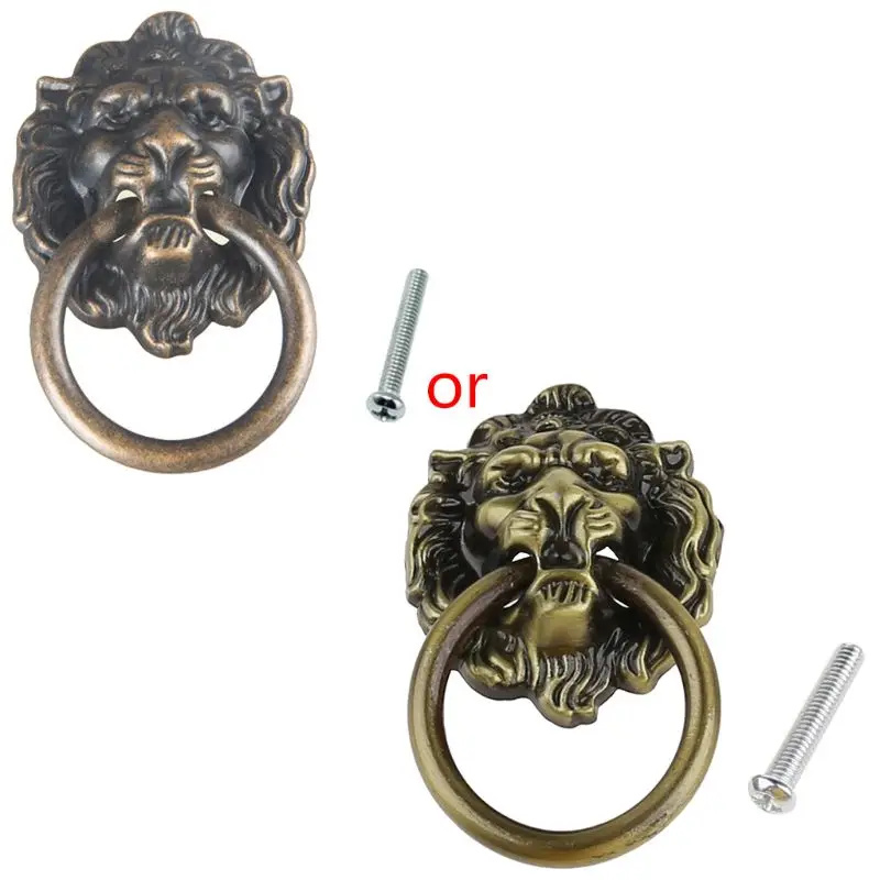 Drawer Knob Retro Metal Cabinet Cupboard Door Pulls Lion for Head Shaped Vintage Ring Pulls Wardrobe Box Handle Househol